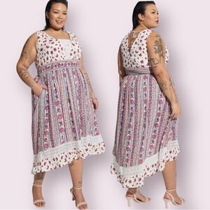 Torrid Maxi Cottagecore Prairie Dress Hi Low Lace Floral Red & White Size 1X